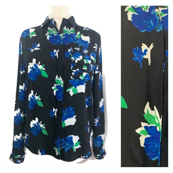 Warehouse Tops - Warehouse Black Floral Shirt Blouse Top  Long Sleeve Button Down Pocket Sz UK 12
